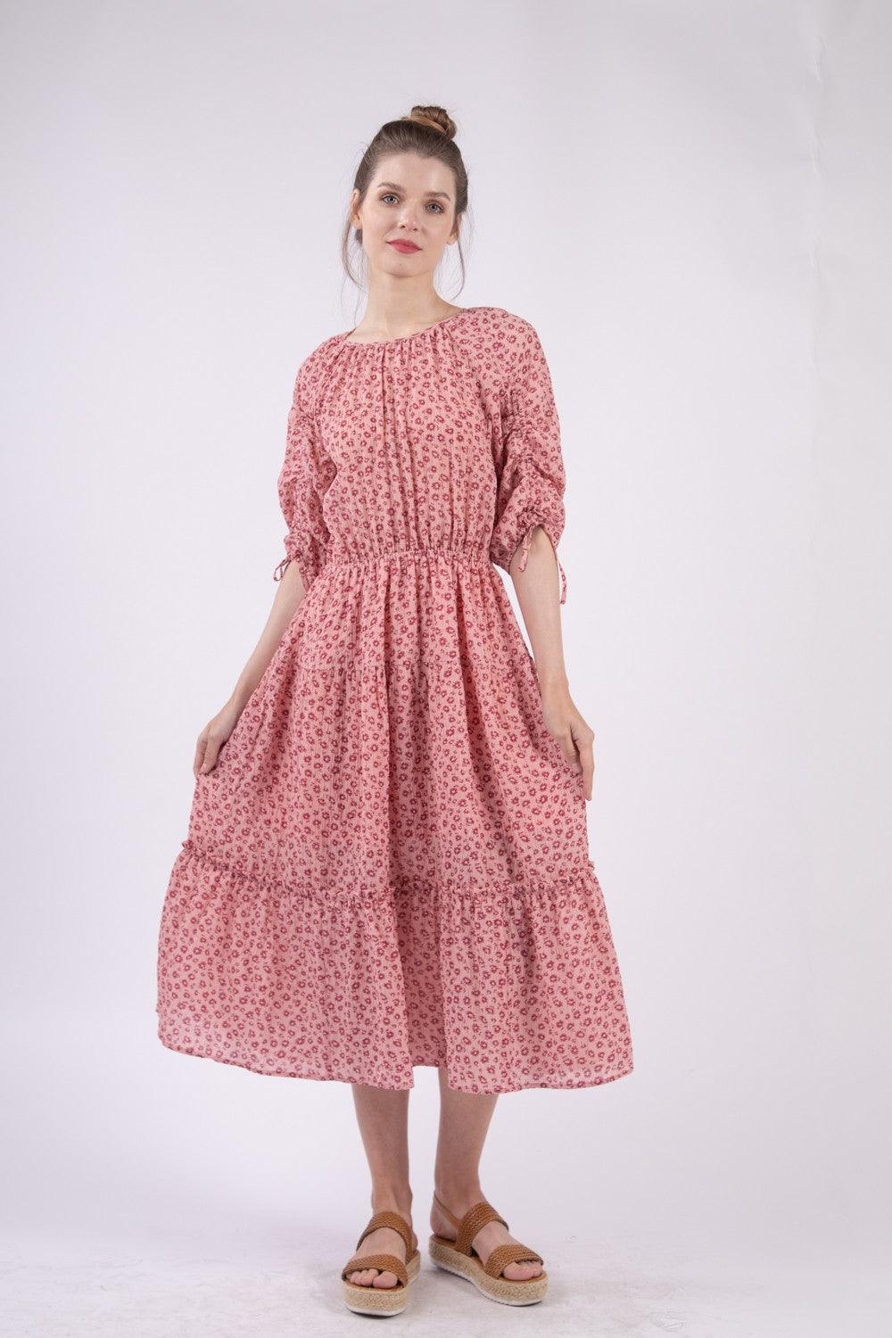 VERY J Floral Round Neck Tiered Midi Dress - Divasha