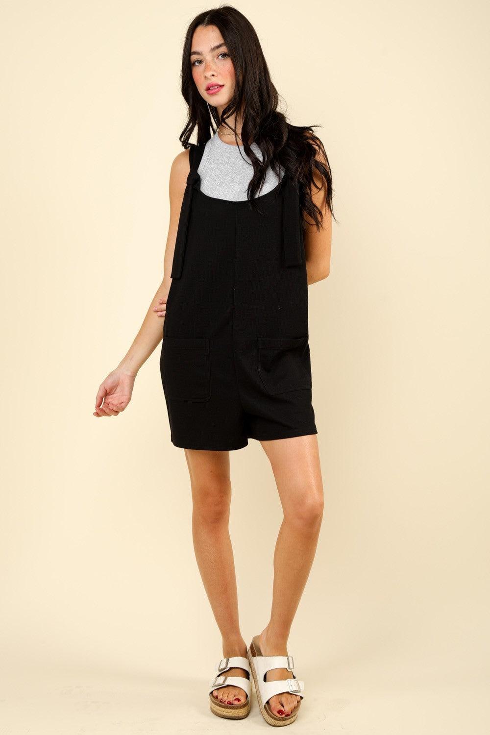 VERY J Tie Shoulder Front Pocket Romper - Divasha