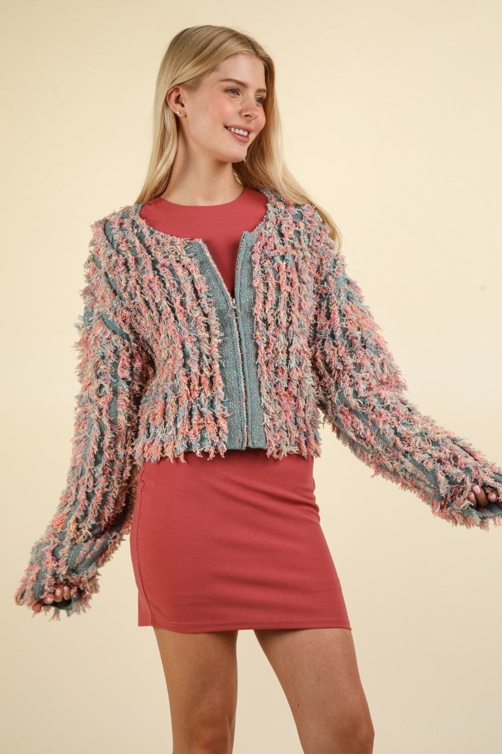 VERY J Shaggy Yarn Knit Zip Up Jacket - Divasha