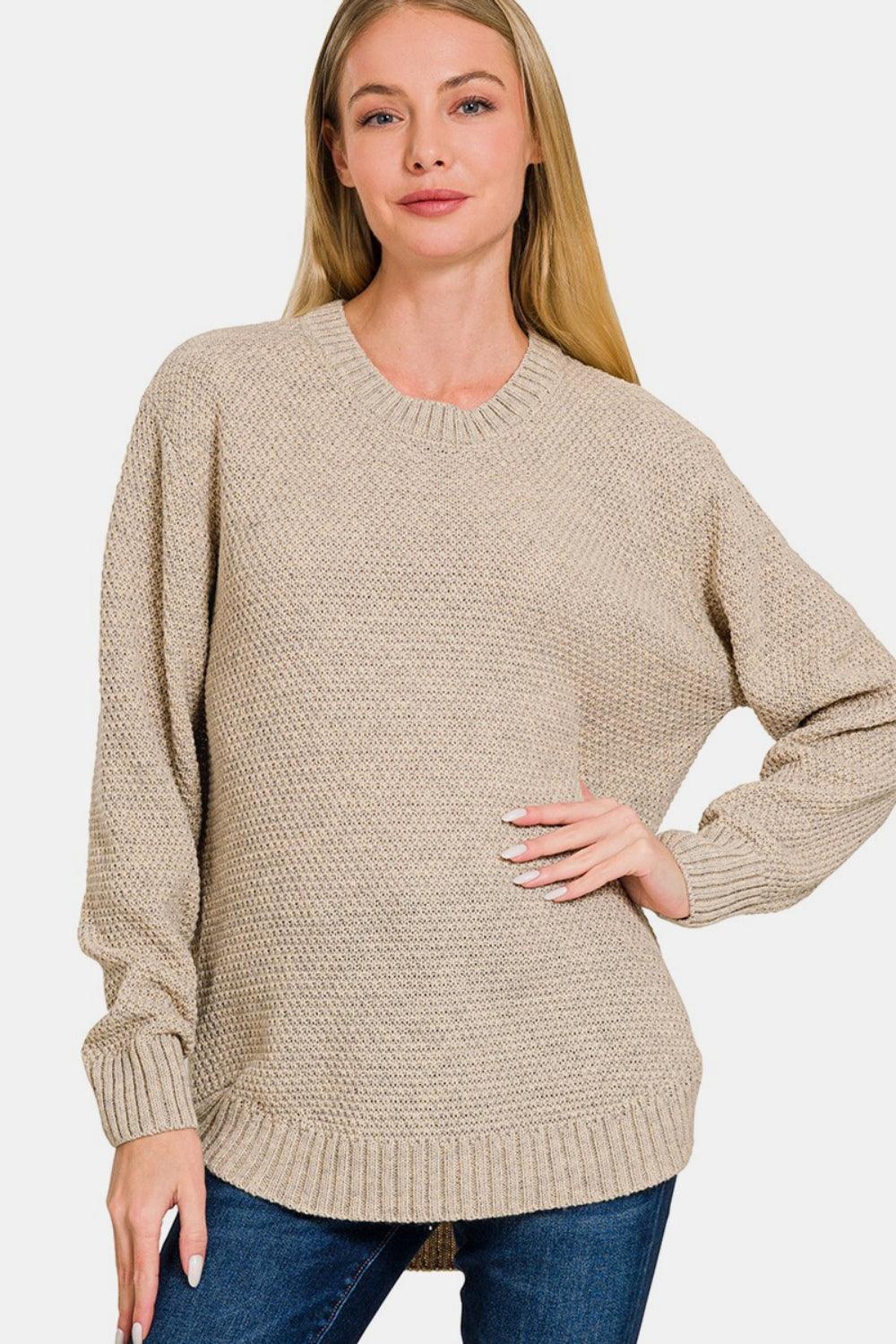 Zenana Ful Size Round Neck Long Sleeve Curved Hem Sweater - Divasha