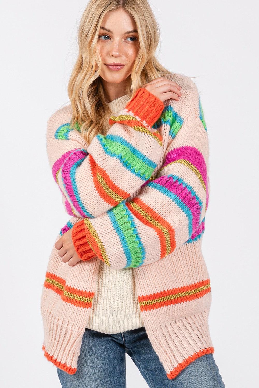 SAGE + FIG Rainbow Striped Open Front Knit Cardigan - Divasha