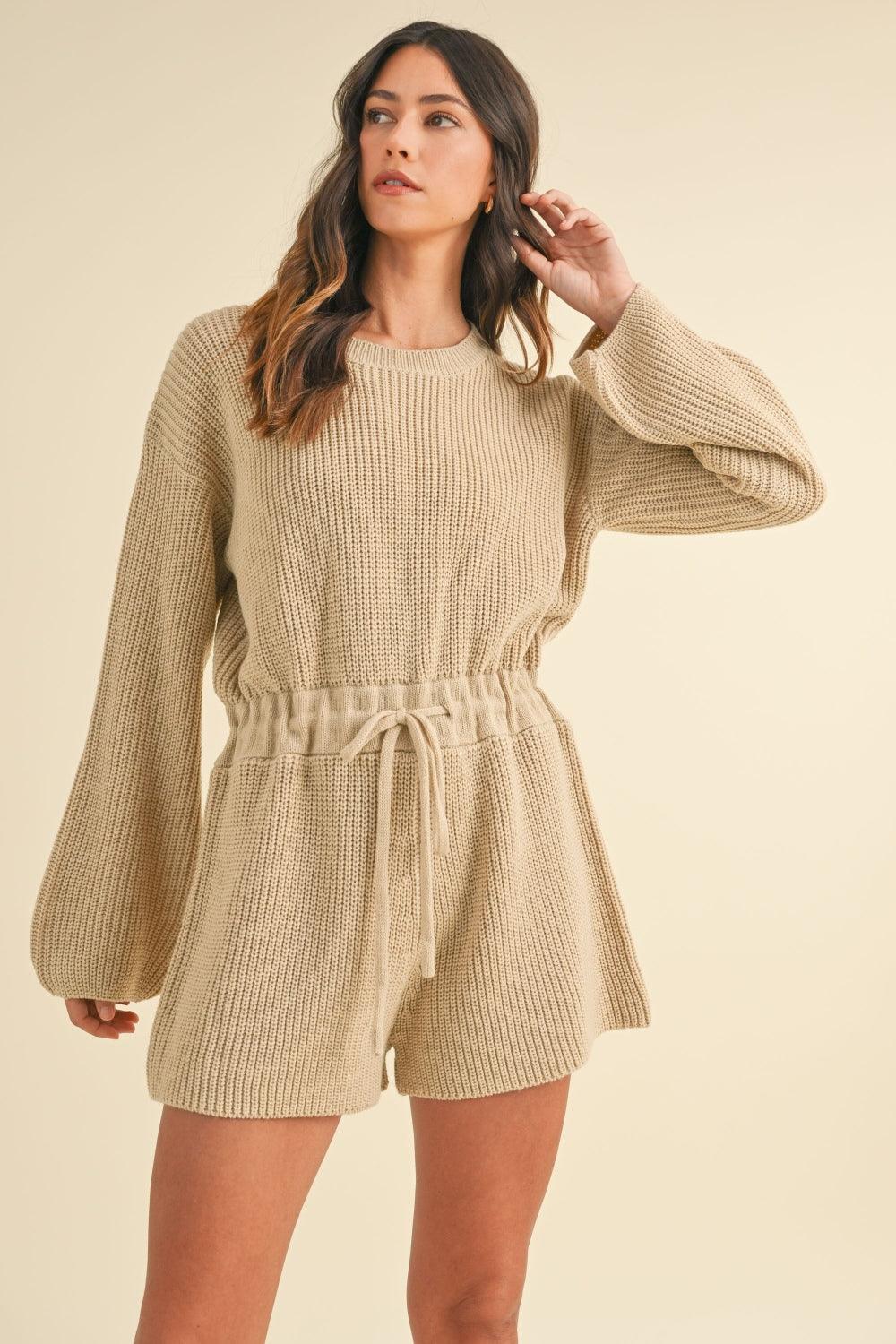 MABLE Round Neck Long Sleeve Sweater Romper - Divasha