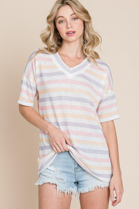 BOMBOM Striped V-Neck Short Sleeve T-Shirt - Divasha