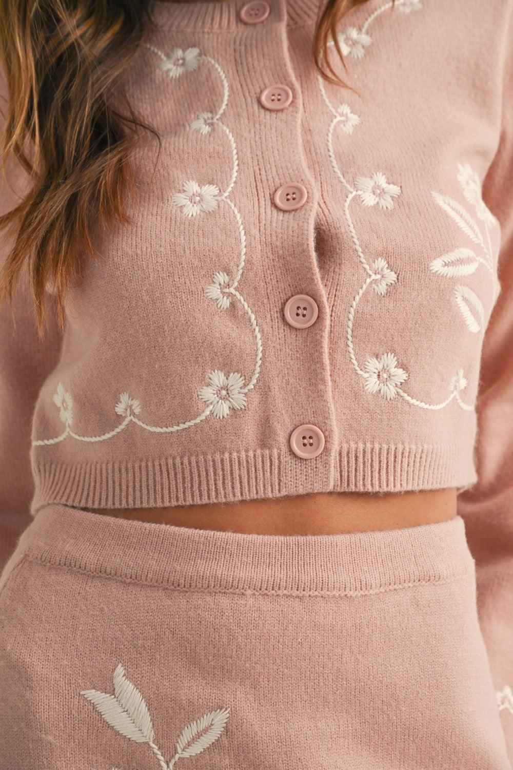 MABLE Floral Embroidered Crop Cardigan and Ruffled Mini Skirt Set - Divasha