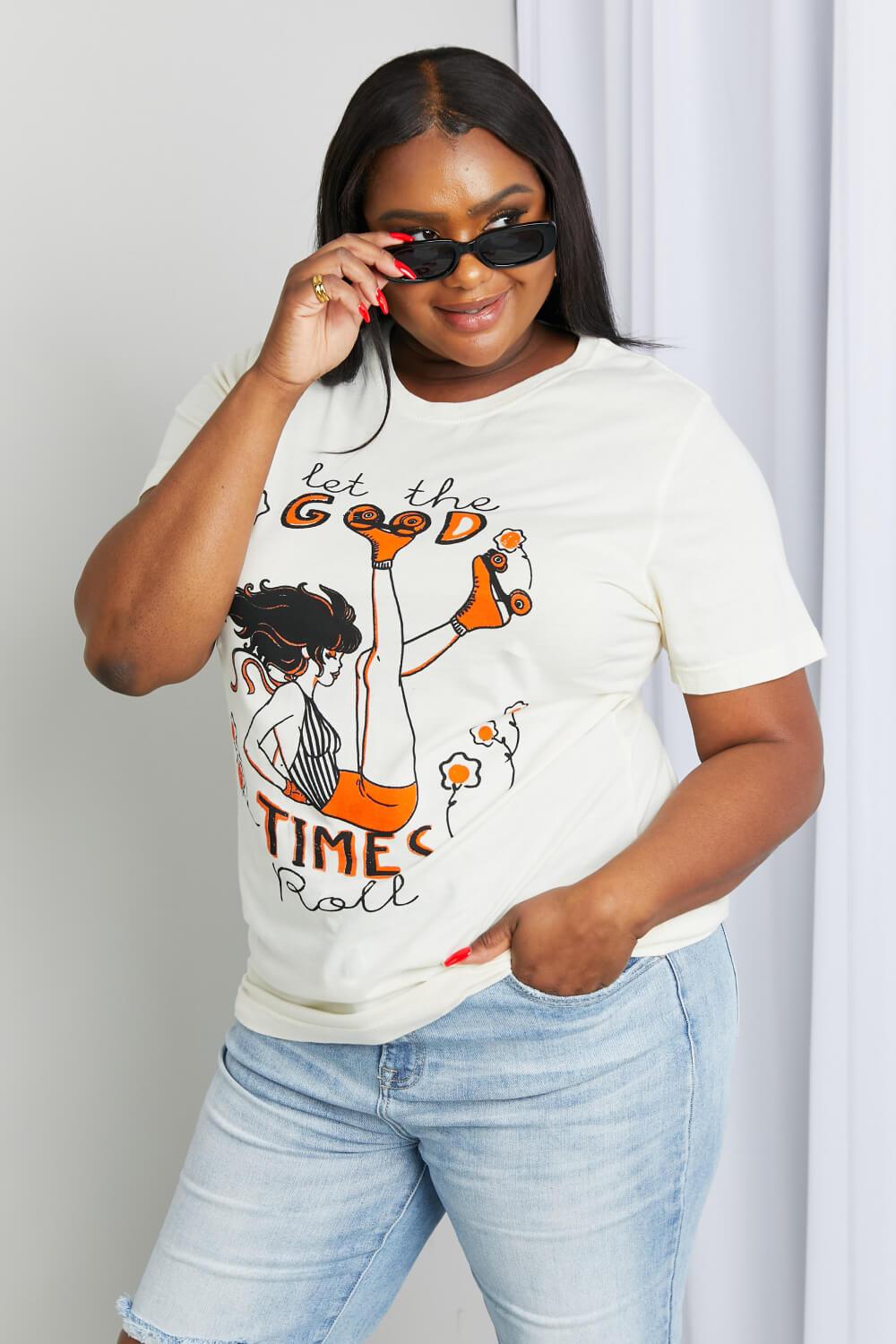 mineB Full Size LET THE GOOD TIMES ROLL Graphic Tee - Divasha