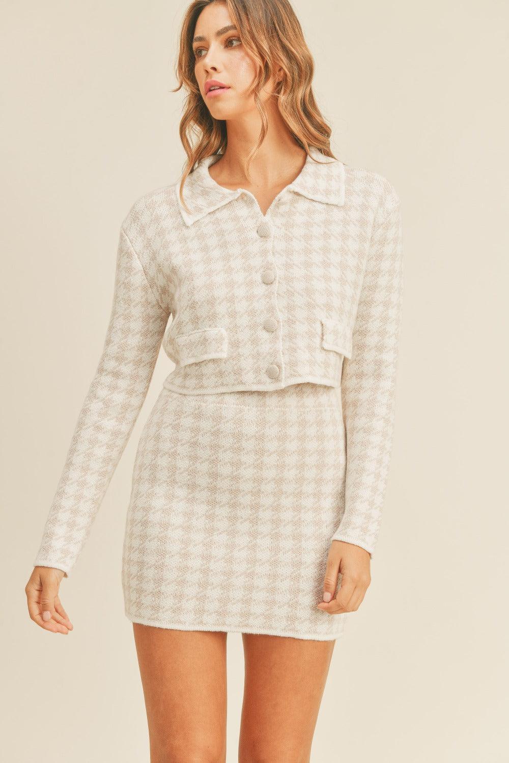 MABLE Houndstooth Cropped Knit Cardigan and Mini Skirt Set - Divasha