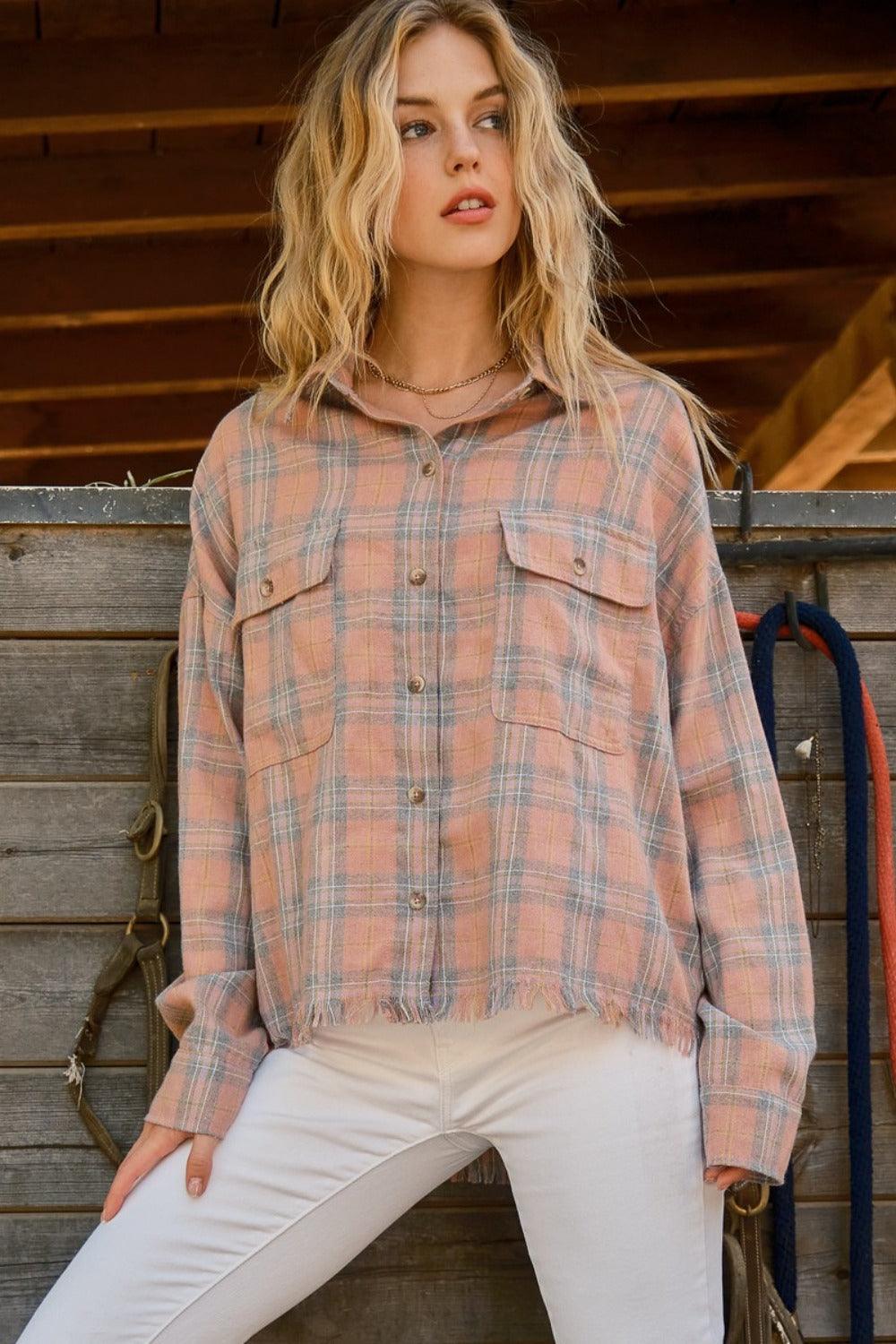 And The Why Full Size Plaid Button Up Raw Hem Shirt - Divasha