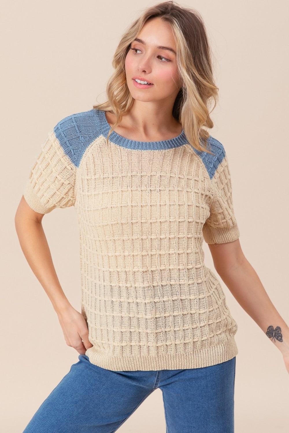 BiBi Textured Contrast Short Sleeve Sweater - Divasha