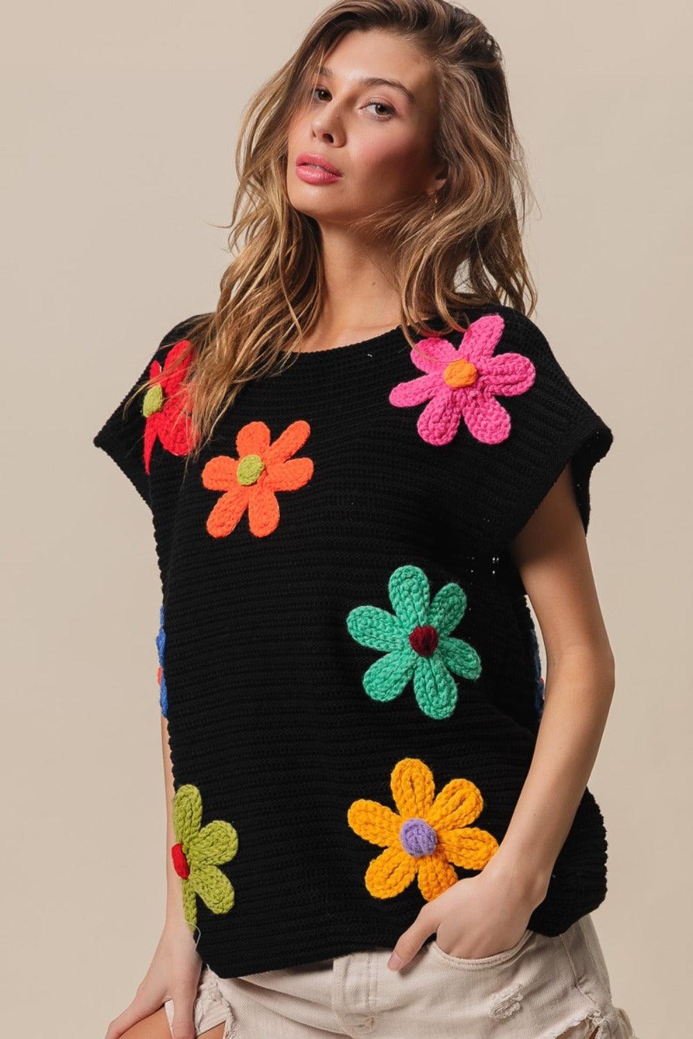 BiBi Flower Round Neck Cap Sleeve Knit Top - Divasha