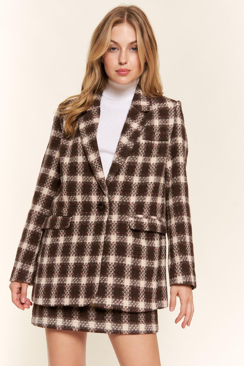 And The Why Full Size Plaid Brushed One Button Blazer - Divasha