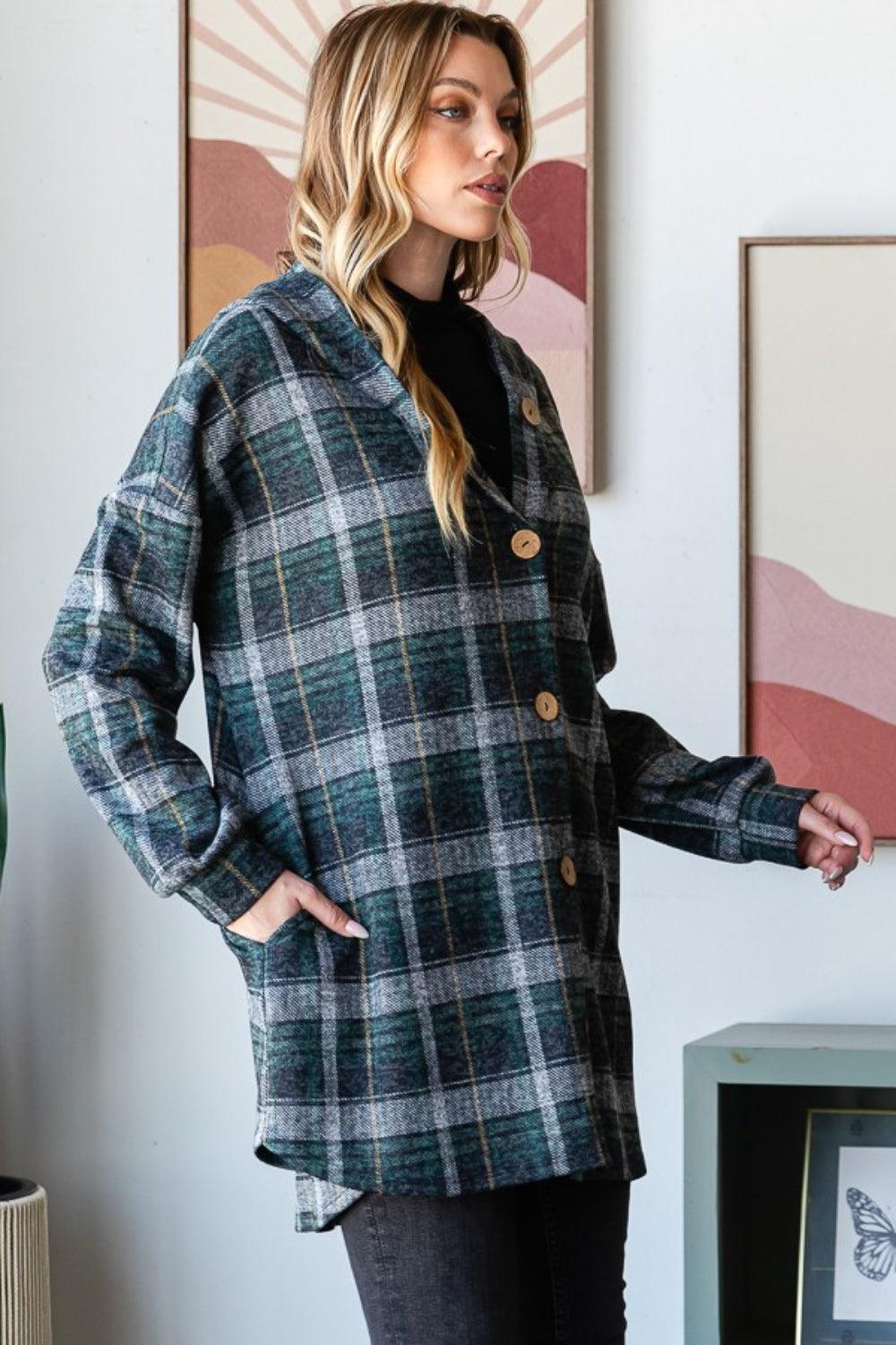 Heimish Plaid Button Down Long Sleeve Hooded Cardigan - Divasha