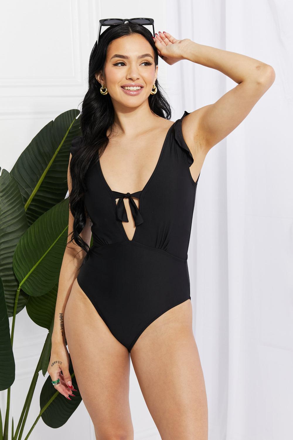 Marina West Swim Seashell Ruffle Sleeve One-Piece in Black - Divasha