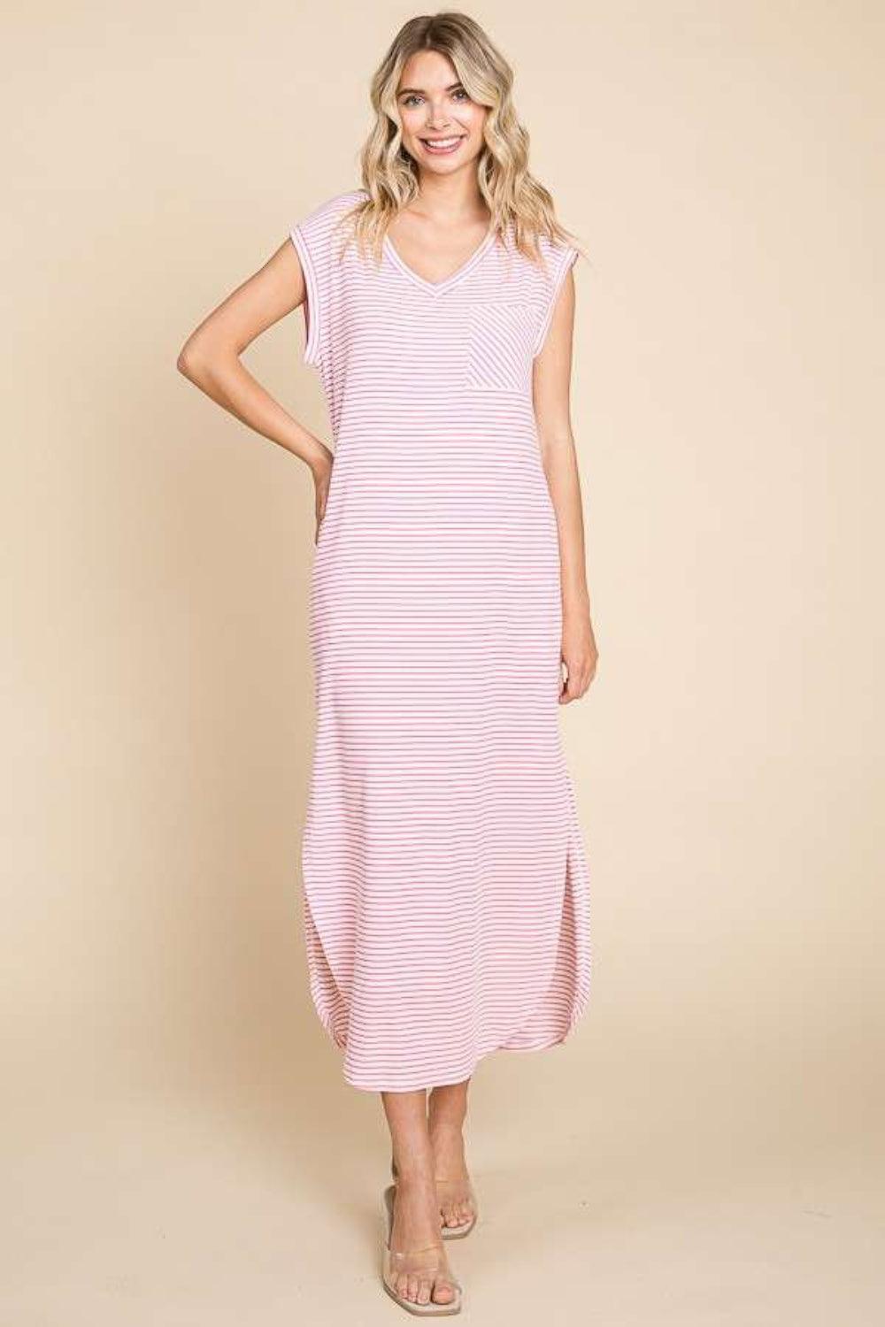 Culture Code Full Size Striped V-Neck Slit Dress with Pockets - Divasha