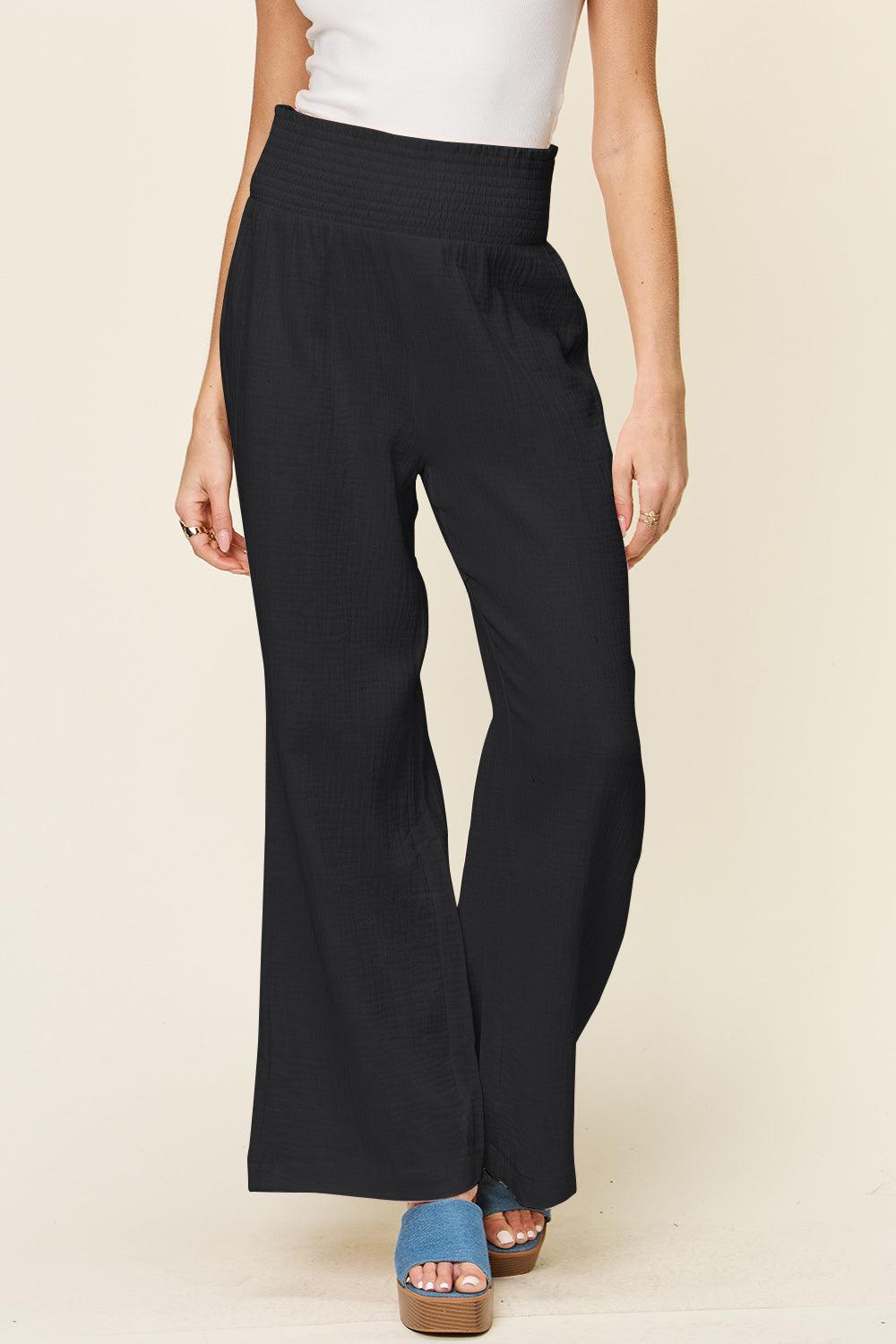 Double Take Full Size Texture Smocked Waist Wide Leg Pants - Divasha