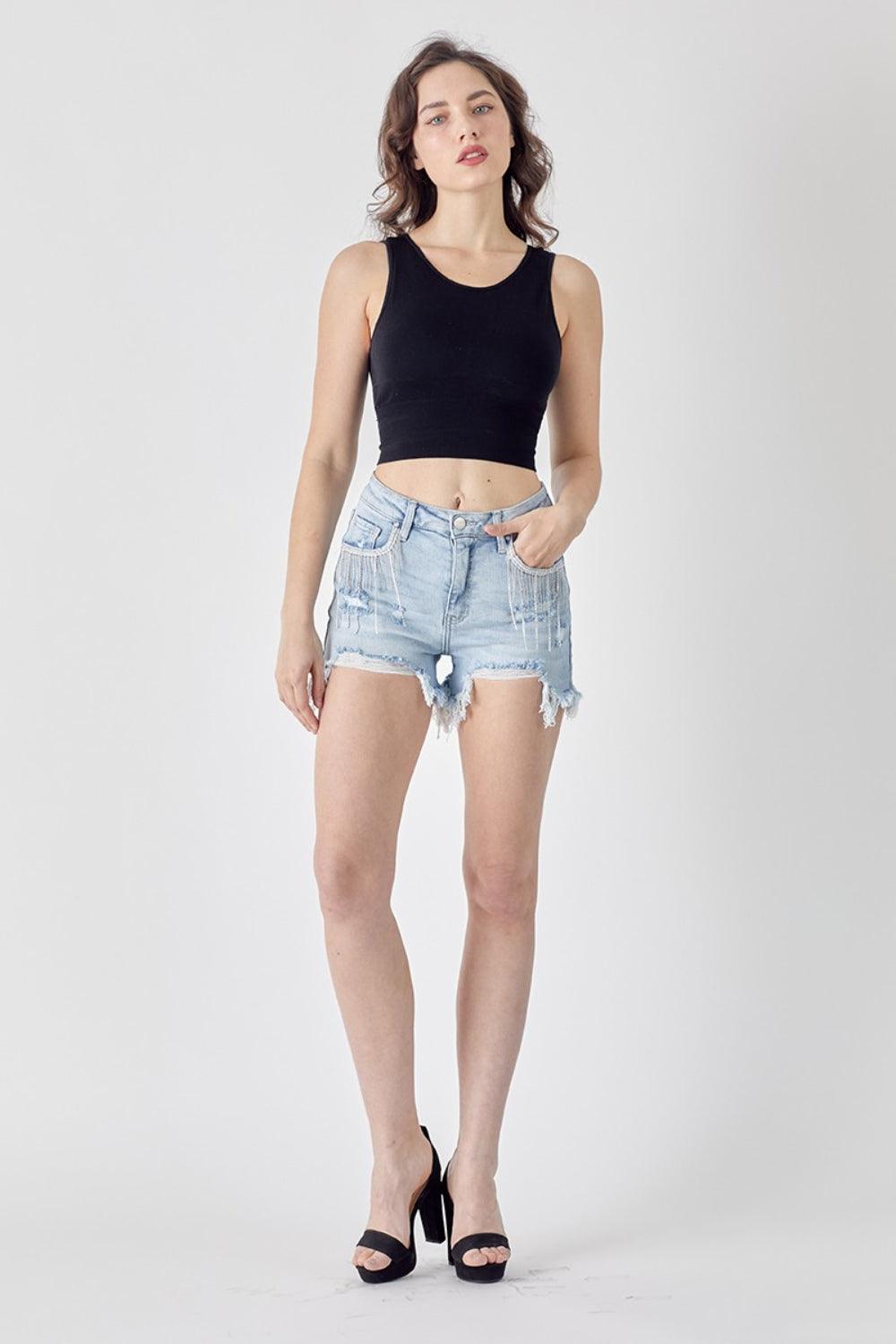 RISEN Frayed Hem Denim Shorts with Fringe Detail Pockets - Divasha