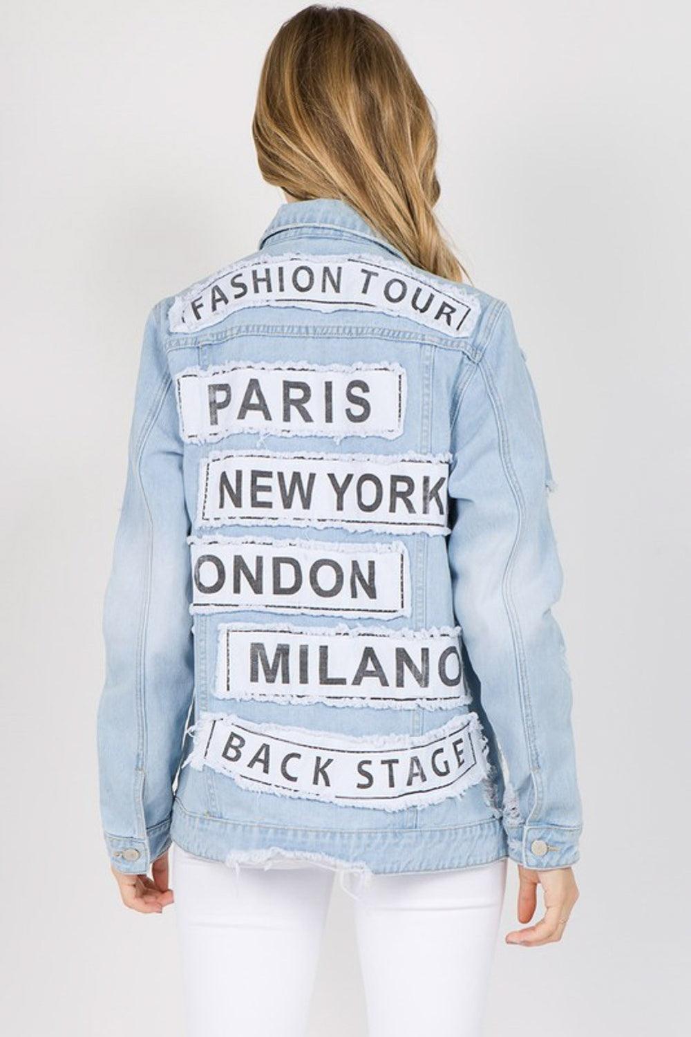 American Bazi Letter Patched Distressed Denim Jacket - Divasha