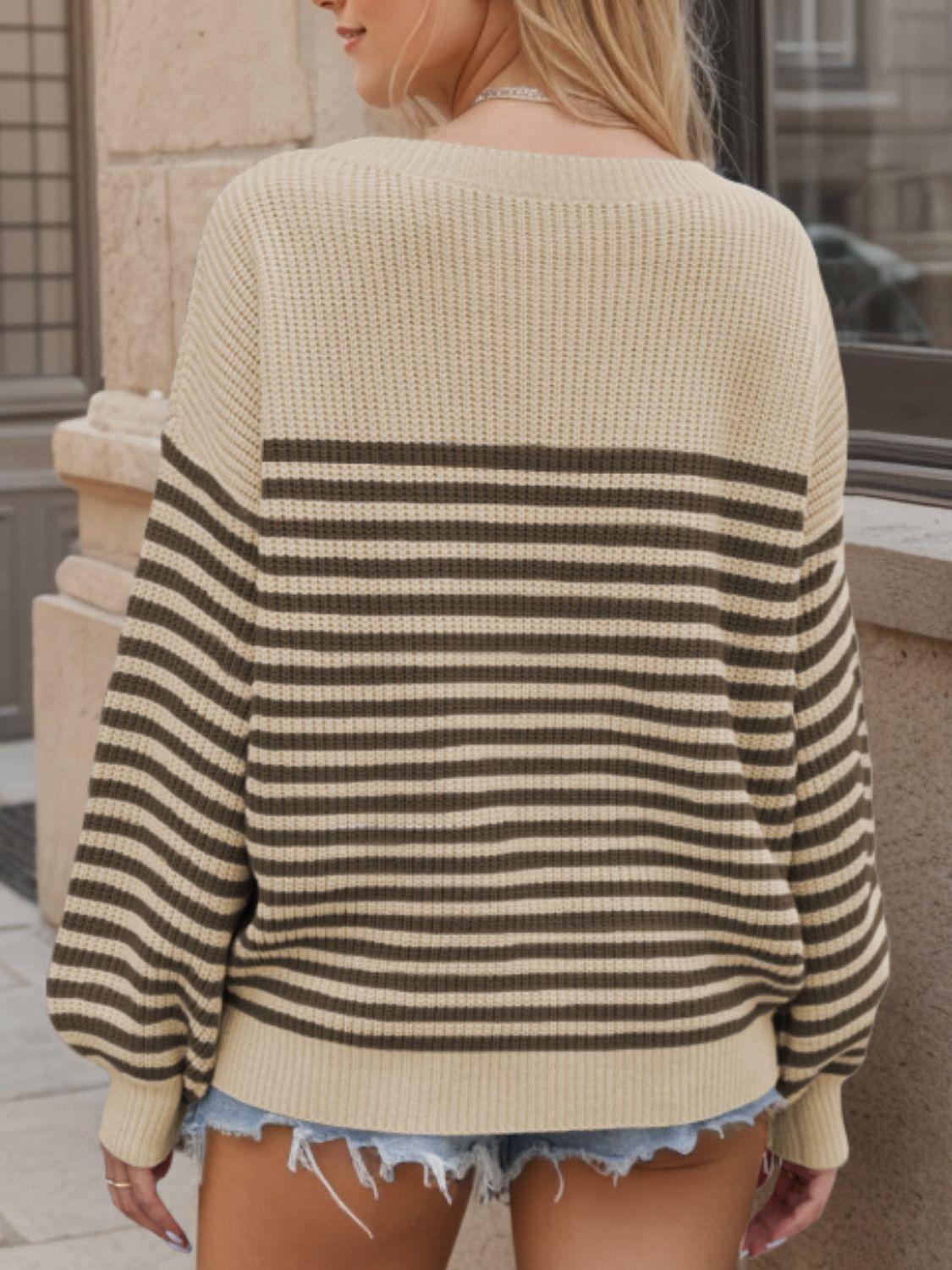 Striped Round Neck Long Sleeve Sweater - Divasha