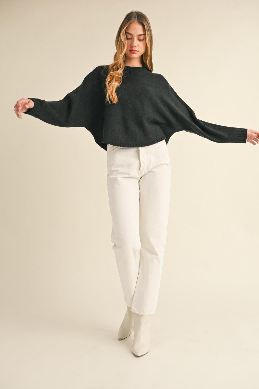 Mable Round Neck Dolman Sleeve Cropped Sweater - Divasha