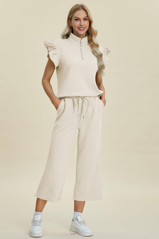 Double Take Full Size Texture Ruffle Short Sleeve Top and Wide Leg Pants Set - Divasha