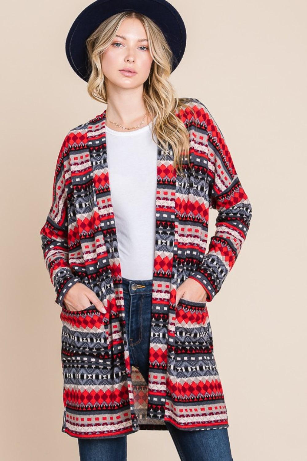 BOMBOM Geometric Open Front Long Sleeve Cardigan with Pockets - Divasha