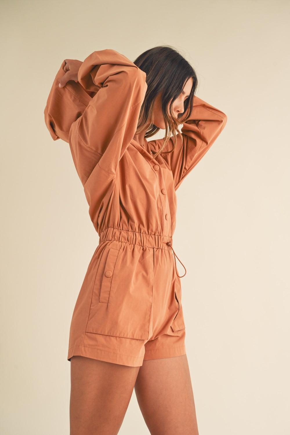 Mable Snap Down Long Sleeve Hooded Romper - Divasha