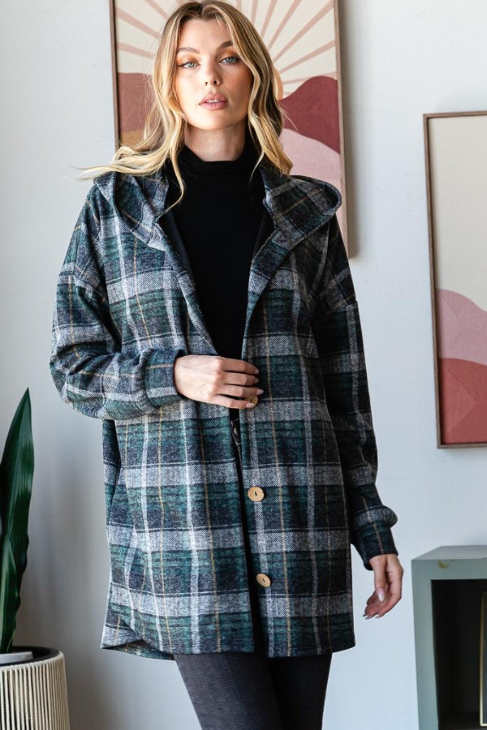 Heimish Plaid Button Down Long Sleeve Hooded Cardigan - Divasha