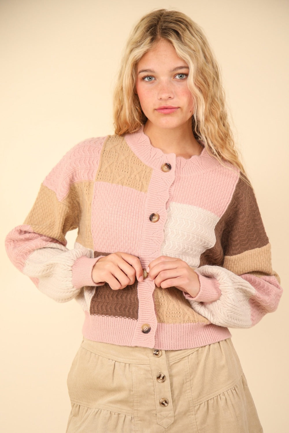 VERY J Color Block Button Down Textured Sweater Cardigan - Divasha