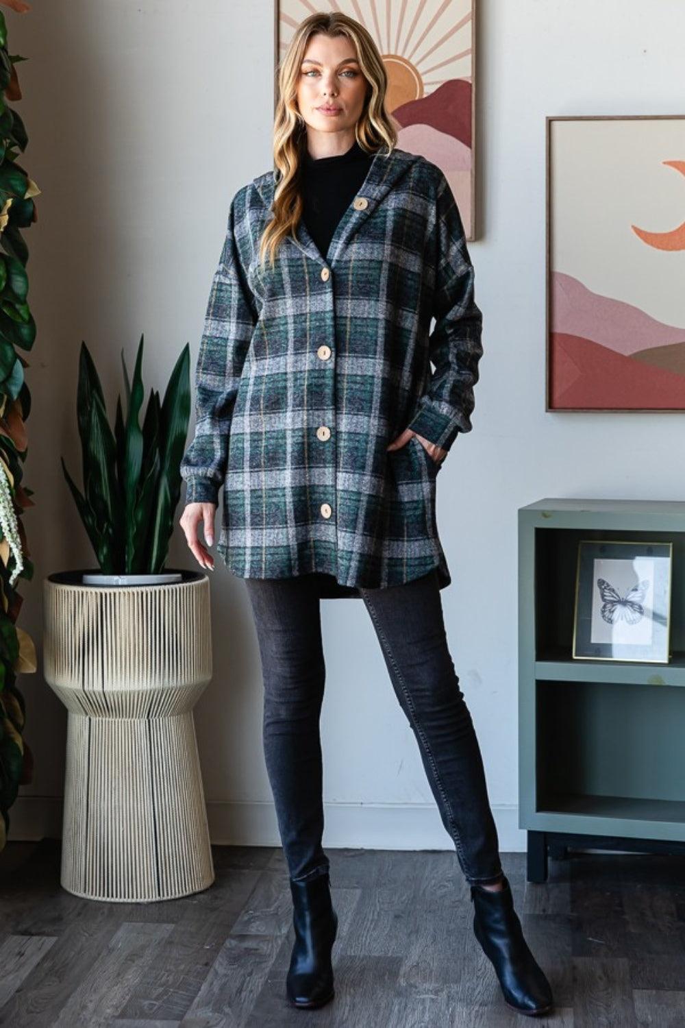 Heimish Plaid Button Down Long Sleeve Hooded Cardigan - Divasha