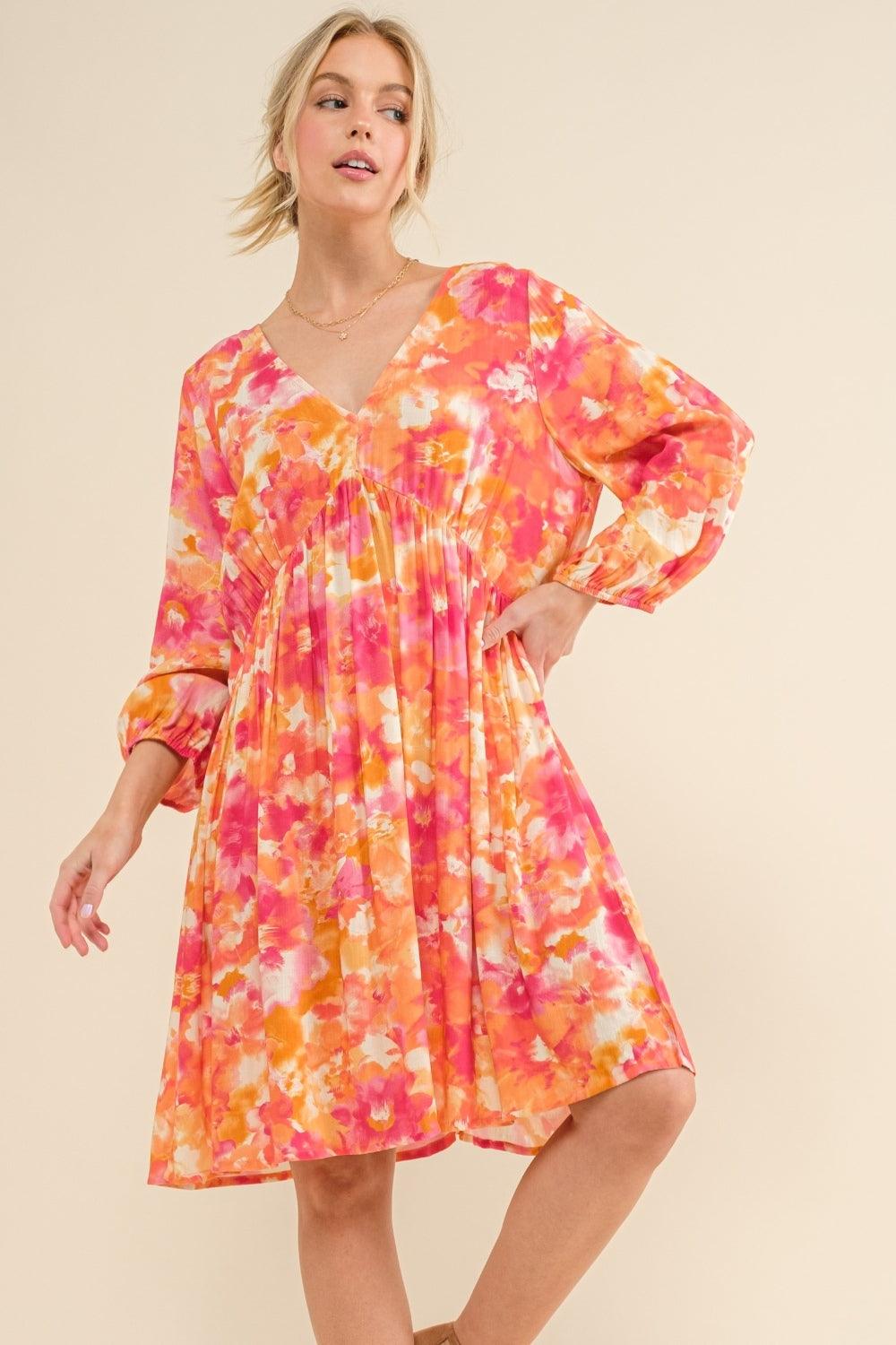 And The Why Full Size Printed Tie Back Long Sleeve Dress - Divasha