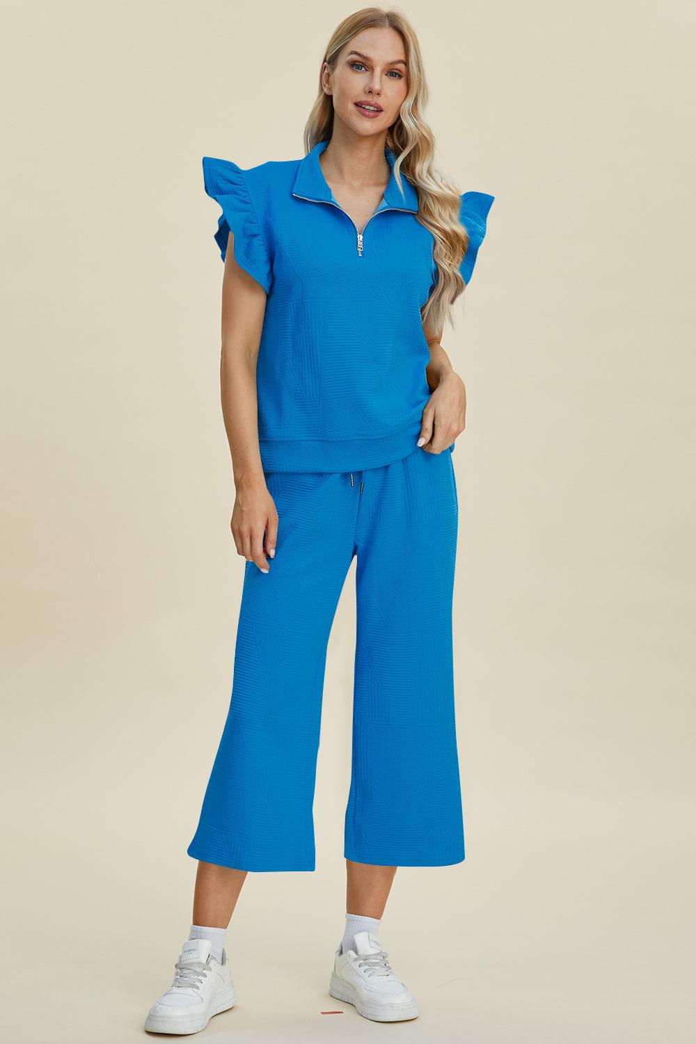 Double Take Full Size Texture Ruffle Short Sleeve Top and Wide Leg Pants Set - Divasha