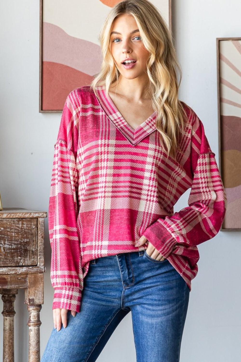 Heimish Plaid Drop Shoulder V-Neck T-Shirt - Divasha