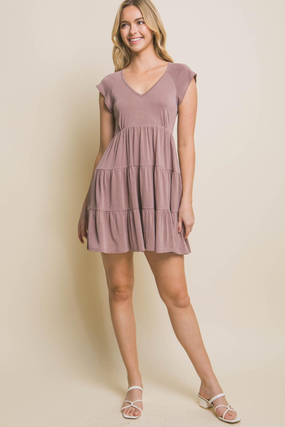 Love Tree V-Neck Cap Sleeve Tiered Mini Dress - Divasha