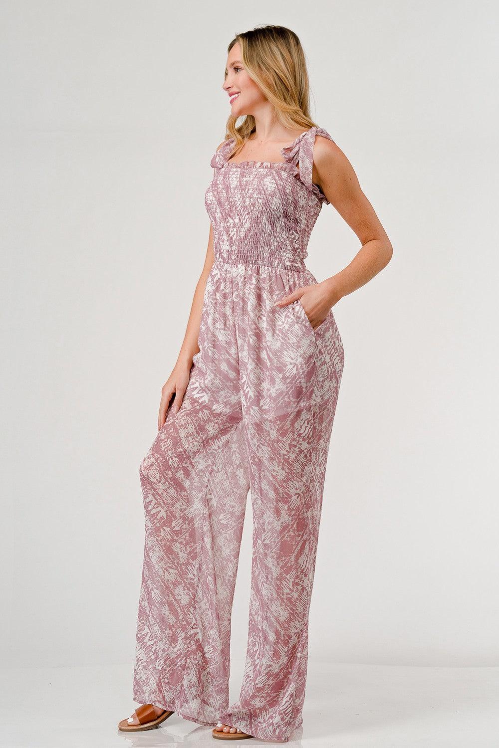 GeeGee Printed Tie Shoulder Wide Leg Jumpsuit - Divasha