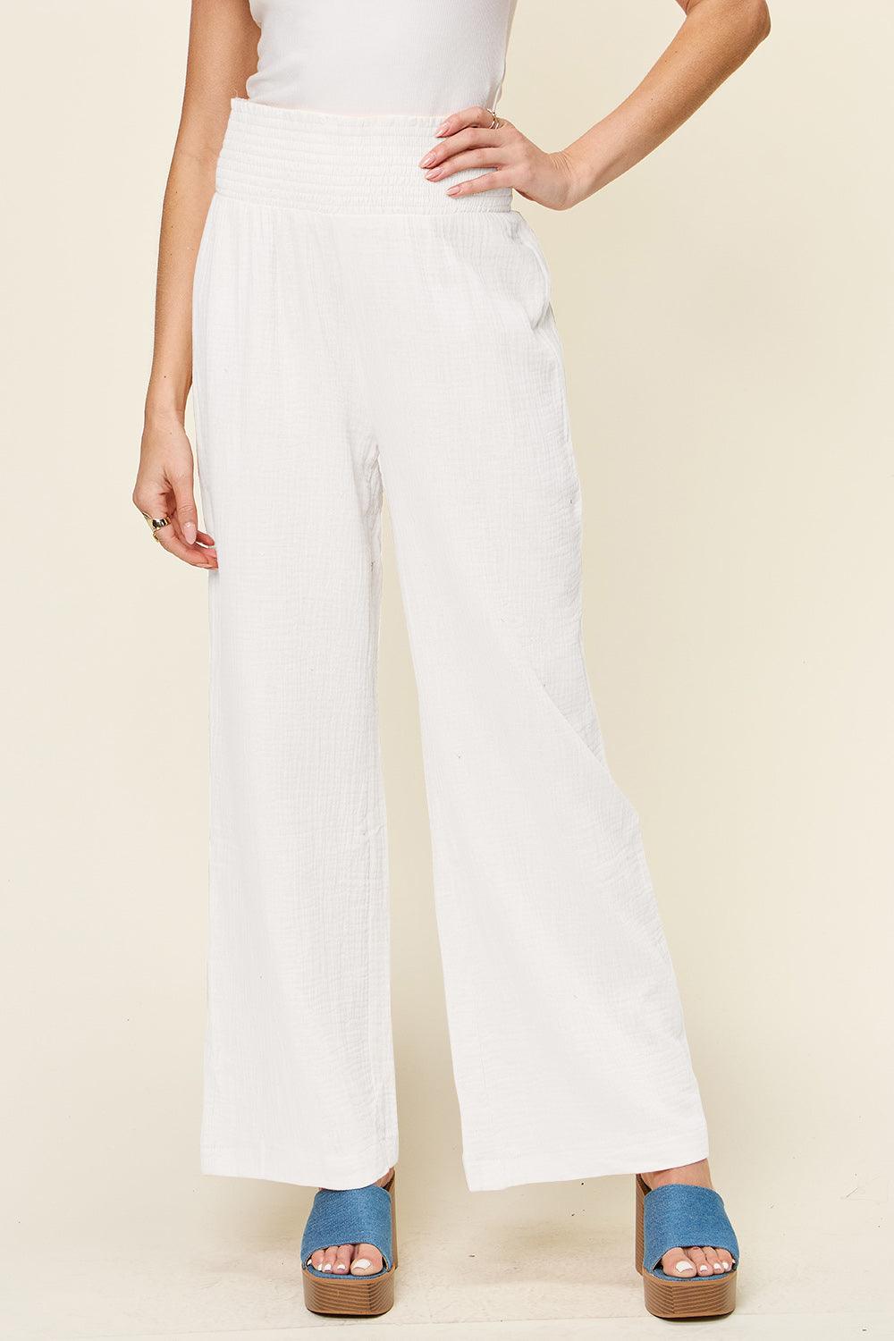 Double Take Full Size Texture Smocked Waist Wide Leg Pants - Divasha