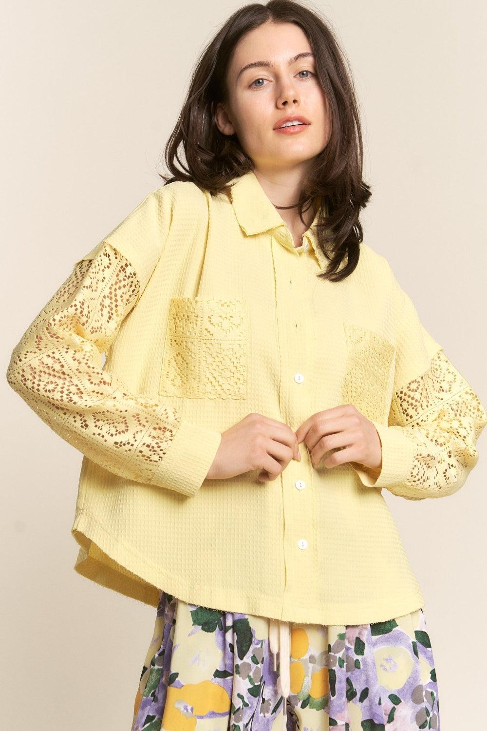 J.NNA Button Down Lace Long Sleeve Waffle Shirt - Divasha